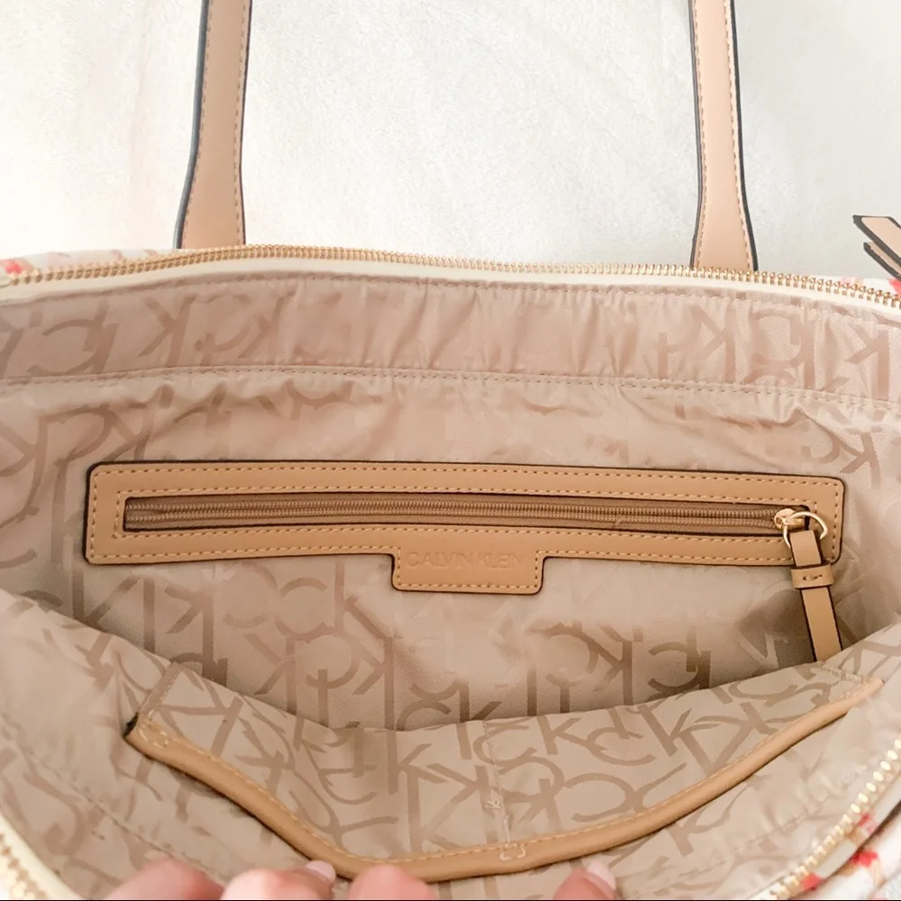 Calvin Klein Pink Cream Monogram Tote with Tan Handles
